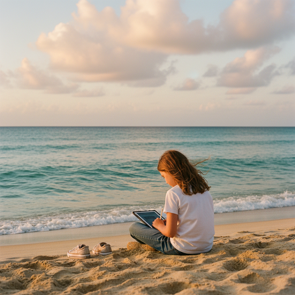 Child learning freely on a beach