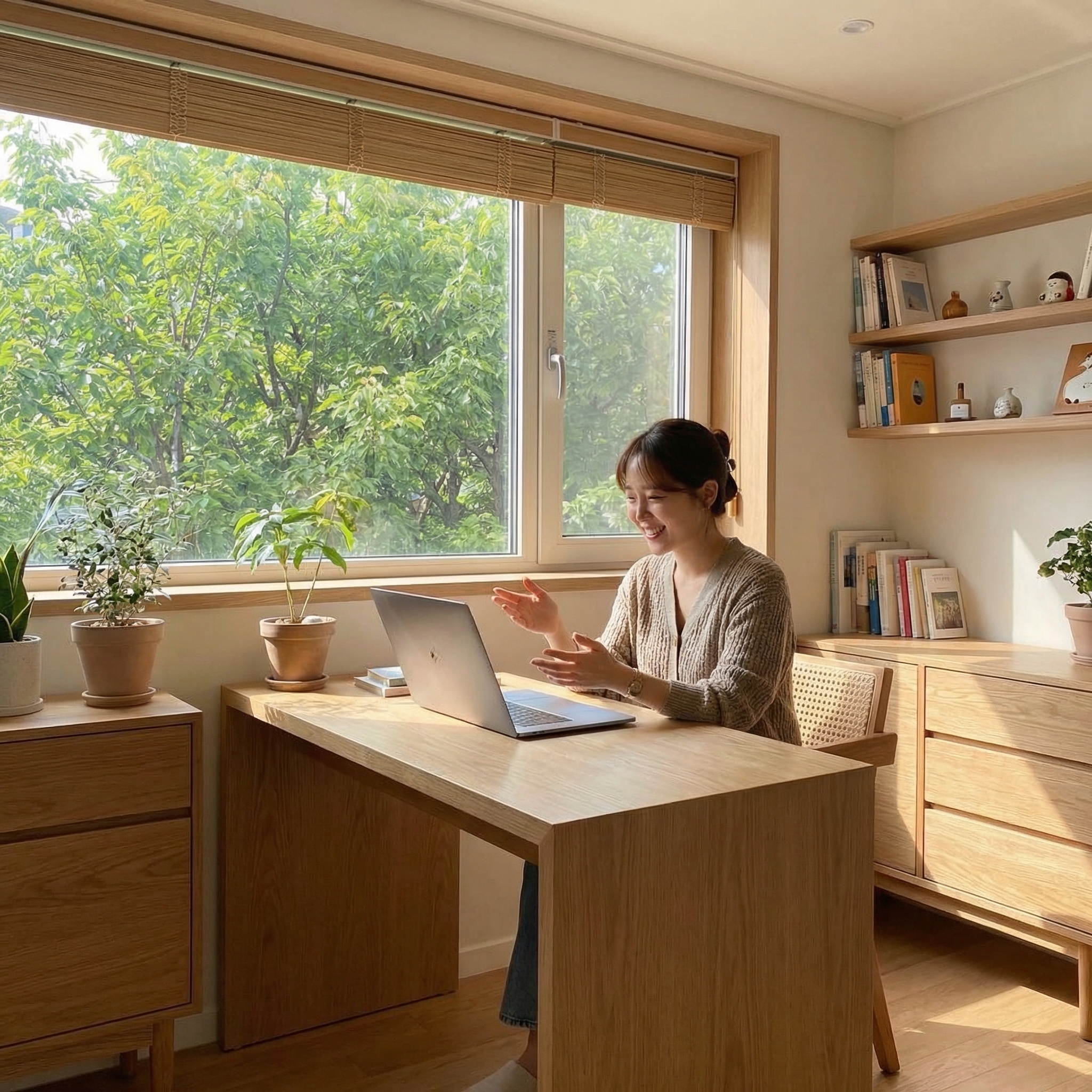 Tutor teaching remotely from a bright home office